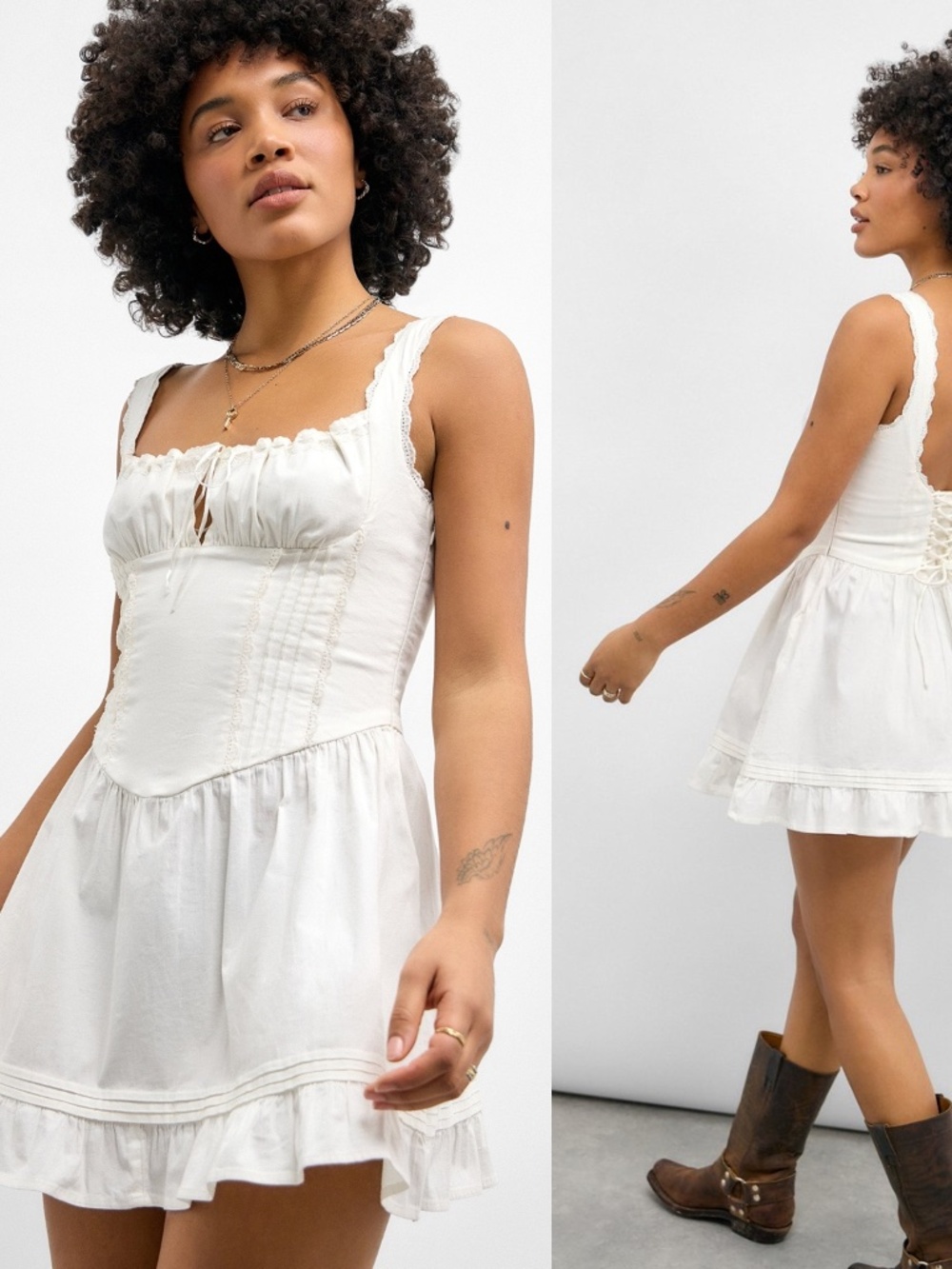 NEW BDG Gabriette WHITE Lace Detail CORSET BACK Wench COTTON Mini DRESS M